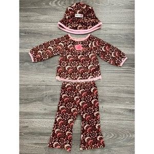 Baby Lulu Girls Velour Shirt Pant Hat Outfit sz 9M Pink Brown Floral Bucket Set